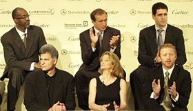 Bei der Nominierung zum Sportler des Jahres (13. März 2001) im Berliner Hotel Adlon: die Mitglieder des Nominierungsausschusses (hinten v.l. Edwin Moses, Hugo Porta, Miguel Indurain, vorne v.l. Mark Spitz, Nadia Comaneci, Boris Becker)