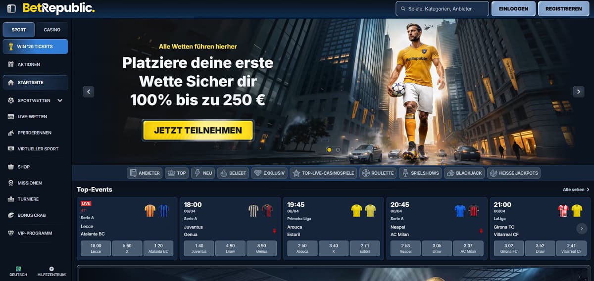Betrepublic ist die Top-Adresse für Casino-orientierte Nutzer, die einen wettanbieter ohne oasis suchen. Mit mehr als 600 Live-Tischen und einer gigantischen Bibliothek von 12.800+ Spielen ist hier maximale Unterhaltung garantiert.