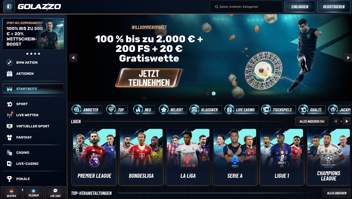 Golazzo ist der ideale wettanbieter ohne oasis für Fußball-Enthusiasten. Mit seinem sportnahen Design bietet der Anbieter nicht nur ein erstklassiges Tipperlebnis, sondern auch eine beeindruckende Casino-Lobby für alle, die Abwechslung abseits der Sportwetten suchen.