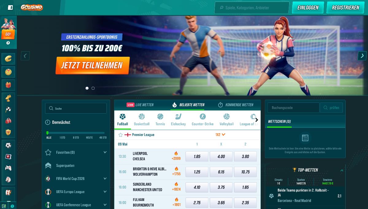 Golisimo vereint Sportwetten und Casino-Action in einem einzigen Konto. Dieser wettanbieter ohne oasis besticht durch sein attraktives Non-Sticky-Bonuspaket, das über die ersten vier Einzahlungen verteilt ist und Spielern maximale Flexibilität bei ihren Einsätzen lässt.